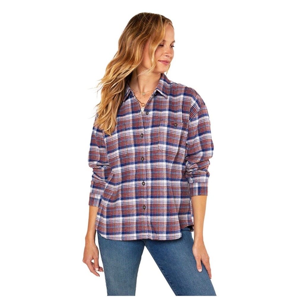 Outerknown Sierra Shirt Womens Medium Blue Red Plaid Organic Cotton Flannel‎
